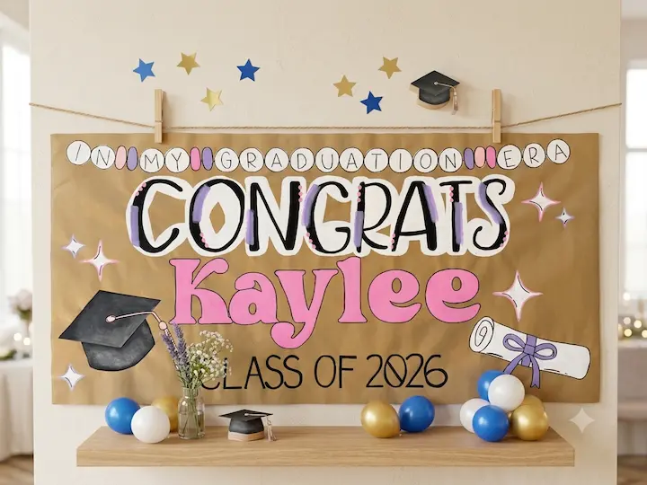 Kraft-paper graduation banner reading “Congrats Kaylee, Class of 2026,” with a graduation cap, diploma, and colorful accents.