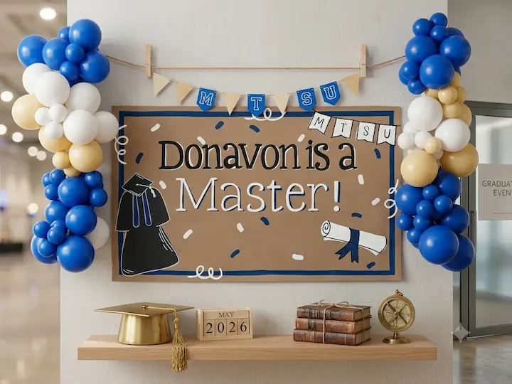 Master’s graduation banner reading “Donavon is a Master!,” flanked by blue, white, and gold balloon garlands with graduation props below.