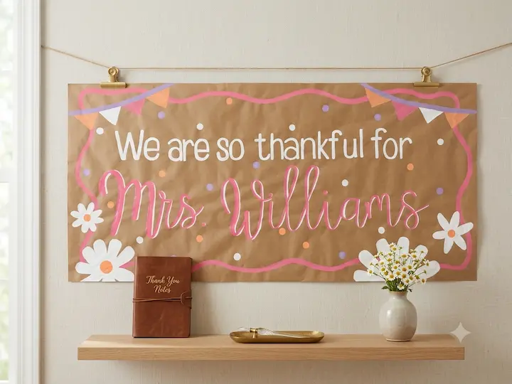 Hand-painted thank-you banner reading “We are so thankful for Mrs. Williams,” with pink script, daisies, and colorful bunting.